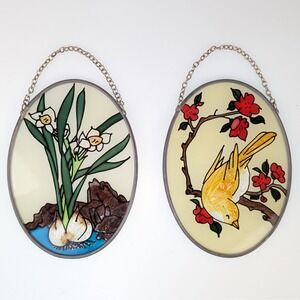 Vtg‎ Stained Glass Suncatcher Bird Floral Oval Window Hangings Cottagecore Boho